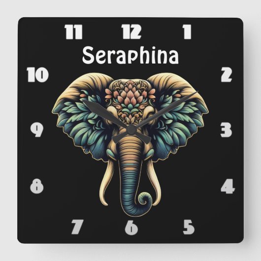 花鮮やか象離れ スクエア壁時計 (正面)