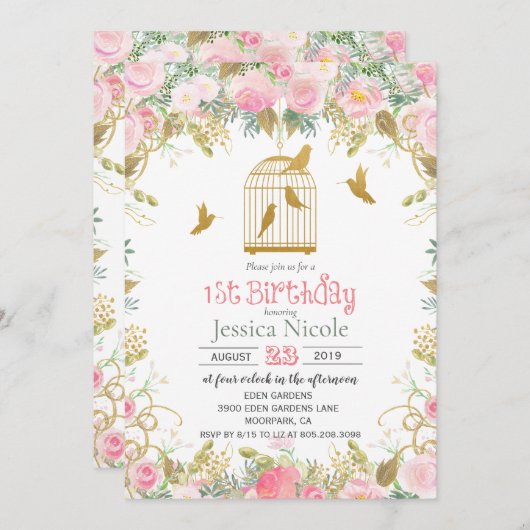 花鳥かご 1歳の誕生日招待状 招待状 (正面/裏面)