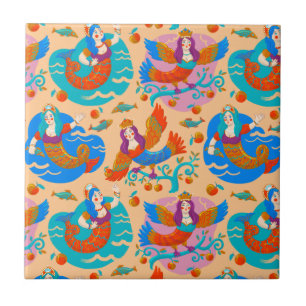 花鳥と人魚 タイル