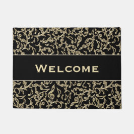 花黒および金ゴールド音楽ノート ドアマット