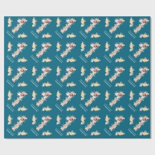 花1歳の誕生日ティール(緑がかった色)フォトコラージュブルーイエロー ラッピングペーパー (フラット)