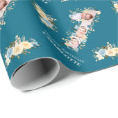 花1歳の誕生日ティール(緑がかった色)フォトコラージュブルーイエロー ラッピングペーパー (ロールコーナー)