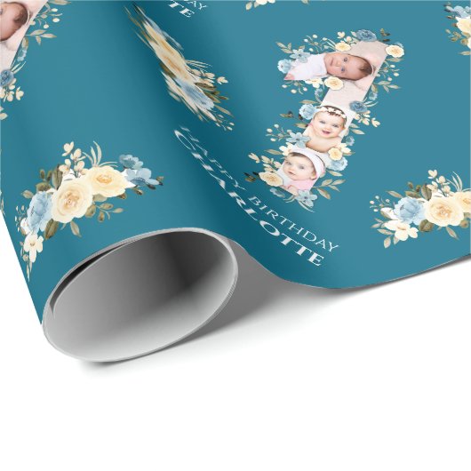 花1歳の誕生日ティール(緑がかった色)フォトコラージュブルーイエロー ラッピングペーパー (ロールコーナー)