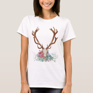 花2が付いているシカのスカル Tシャツ