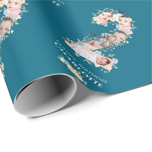 花2nd誕生日ティール(緑がかった色)フォトコラージュブルーイエロー ラッピングペーパー (ロールコーナー)