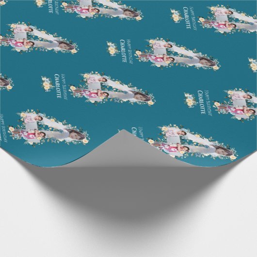 花4th誕生日ティール(緑がかった色)フォトコラージュブルーイエロー ラッピングペーパー (角)