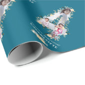 花4th誕生日ティール(緑がかった色)フォトコラージュブルーイエロー ラッピングペーパー (ロールコーナー)