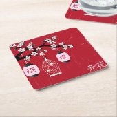 「花」と鳥のかご真っ赤 スクエアペーパーコースター (アングル)