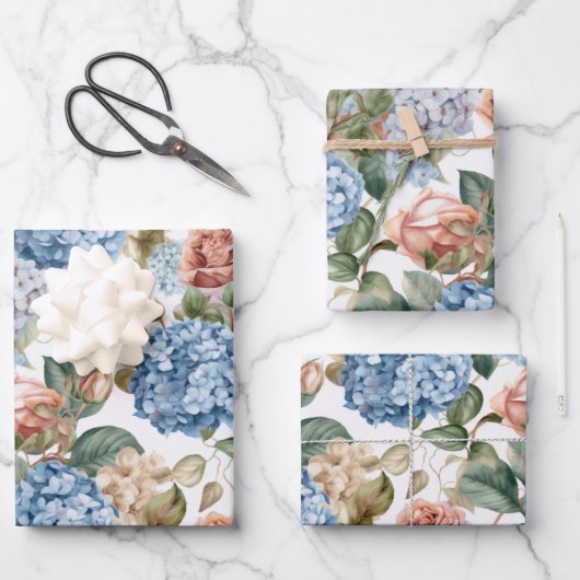 花，アジサイ，ヴィンテージバラ，ピンクのバラ ラッピングペーパーシート (正面)