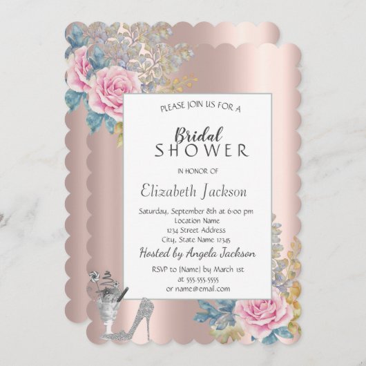 花、グリッターハイヒールバラ金ゴールドブライダルシャワー 招待状 (正面/裏面)