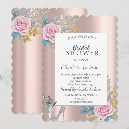 花、グリッター ハイ ヒール ローズ ゴールド ブライダル シャワー 招待状 (正面/裏面)