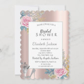花、グリッター ハイ ヒール ローズ ゴールド ブライダル シャワー 招待状 (正面)