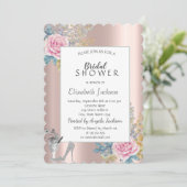 花、グリッター ハイ ヒール ローズ ゴールド ブライダル シャワー 招待状 (スタンド正面)