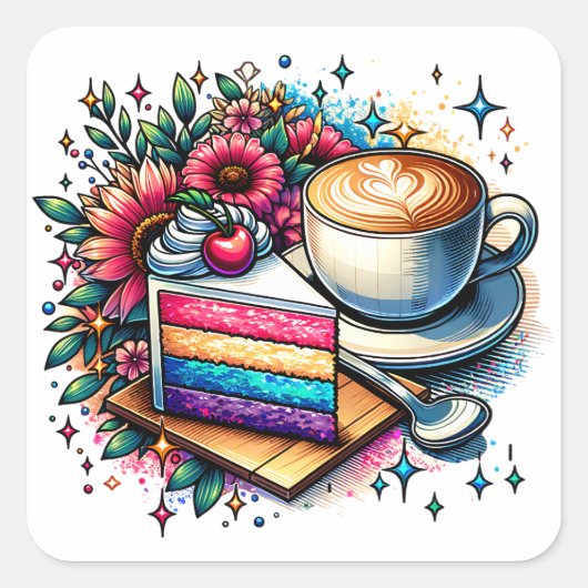 花、コーヒー、レインボーケーキ スクエアシール (正面)