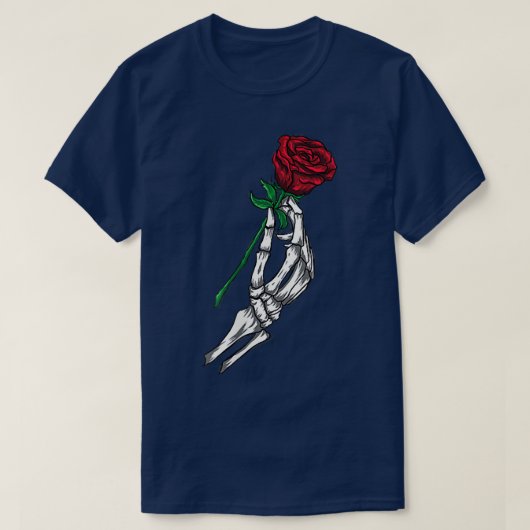 花、スケルトンハンド持ちレッドローズ Tシャツ (デザイン正面)