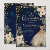 花、ダイヤモンド、ドレス 青いキンセアニエラ 招待状 (正面/裏面)