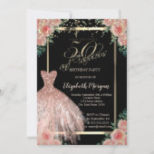 花，ドレス，紙吹雪バラ金ゴールド50誕生日 招待状 (正面)