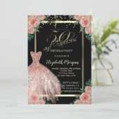 花，ドレス，紙吹雪バラ金ゴールド50誕生日 招待状 (スタンド正面)