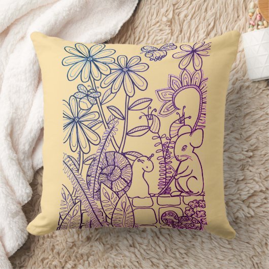 花、ネズミ、カタツムリと背中を押す クッション (ブランケット)