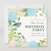 花 ハイドランジア 鳥 蝶の誕生日 招待状 (正面)