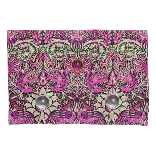 花，ピーコック，ドラゴン，ピンクの白い宝石 枕カバー (正面左)