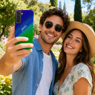 花 フラワー 青 ブルー 緑 グリーン 虹 レインボー 斜め ダイアゴナル ブレンド 名前 名前入れ SAMSUNG GALAXY S22+ケース