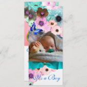 花，ブルーバタフライベビーシャワー写真テンプレート 招待状 (正面/裏面)