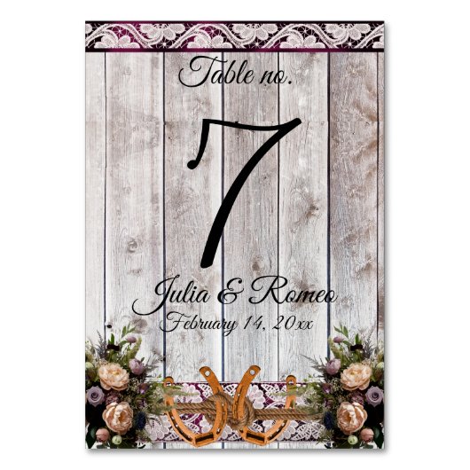 花、レース&ホースシューズ、パープルリボン結婚ズ テーブルナンバー (正面)