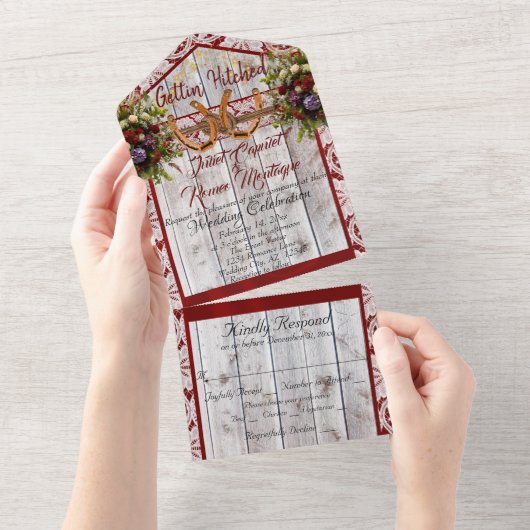 花、レース&馬蹄形、赤いリボン オールインワン招待状 (貼ってはがせる)