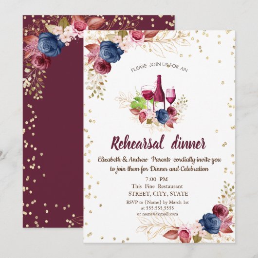 花 ワインレッド リハーサル ディナー 招待状 (正面/裏面)
