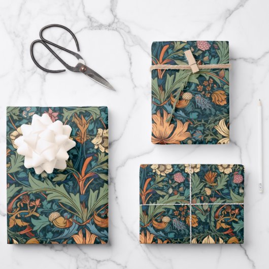 花，ヴィンテージ,アールヌーボー，ウィリアム・モリススタイル, ラッピングペーパーシート (正面)