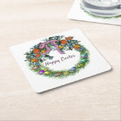 花、卵、リボン付きイースターリース スクエアペーパーコースター (アングル)