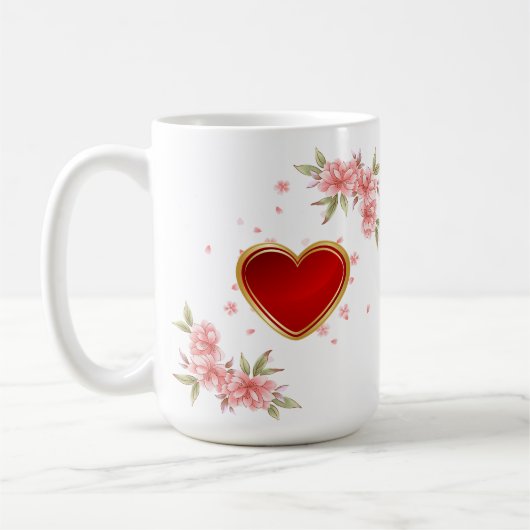 花、大きいハートは及びあなたの妻の一流メッセージを加えます コーヒーマグカップ (左)