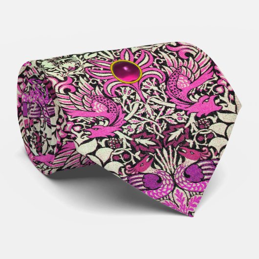 花、孔雀およびドラゴンのピンクの宝石 ネクタイ (ロール)