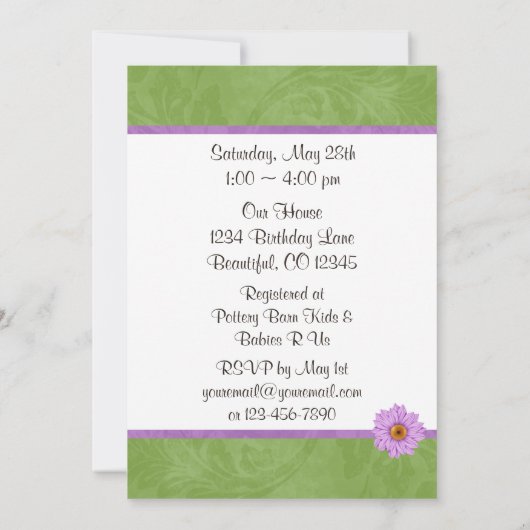 花、弓とラディバグ赤ちゃんシャワー招待状 招待状 (裏面)