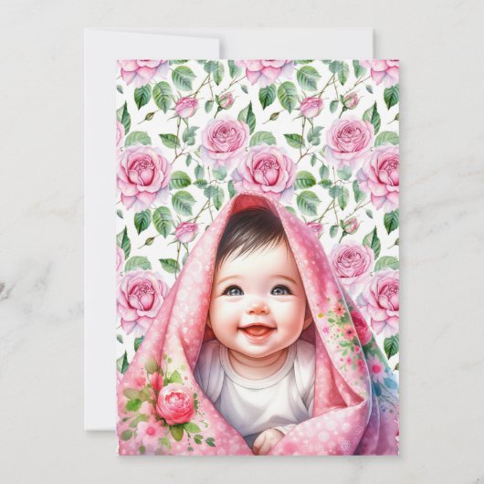 花、弓と蝶ピンク赤ちゃんシャワー 招待状 (裏面)