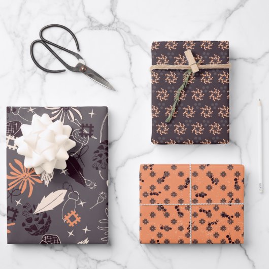 花，松の実，どんぐり，星，果実 ラッピングペーパーシート (正面)