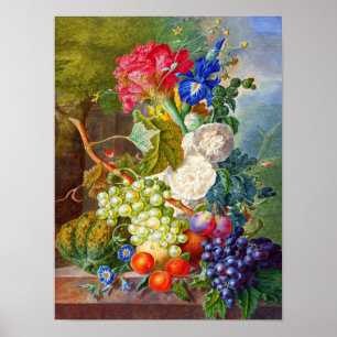 花、果実スチルライフウォーターカラーby Jan van Os ポスター