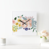 花、果実、および葉水色時計 スクエア壁時計 (ホーム)