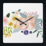 花、果実、および葉水色時計 スクエア壁時計<br><div class="desc">ハンド絵を描ウォーターカラーデザインバイベタニーエデン</div>
