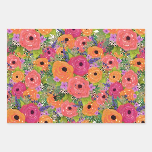 花、格子状および幾何学模様 |暖色 ラッピングペーパーシート (正面)