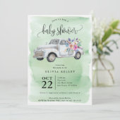 花、水色ベビーシャワー付きファームトラック 招待状 (スタンド正面)