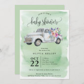 花、水色ベビーシャワー付きファームトラック 招待状 (正面/裏面)