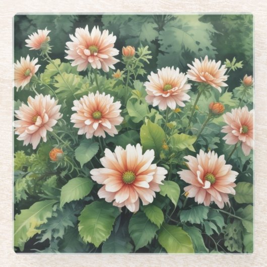 花 緑 エレガント 水彩 ガラスコースター (正面)