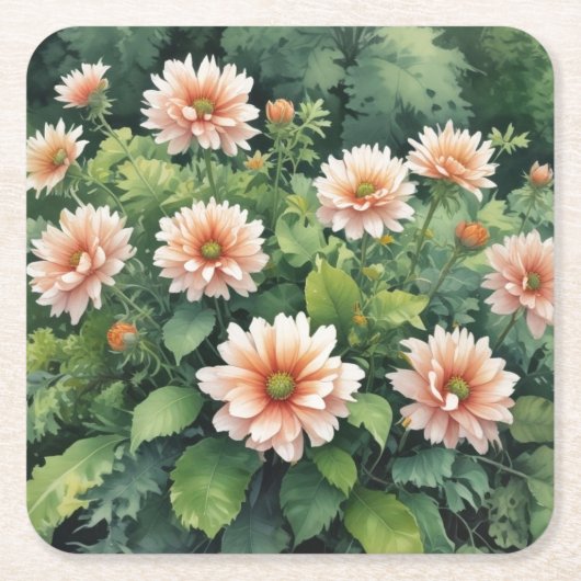 花 緑 エレガント 水彩 スクエアペーパーコースター (正面)