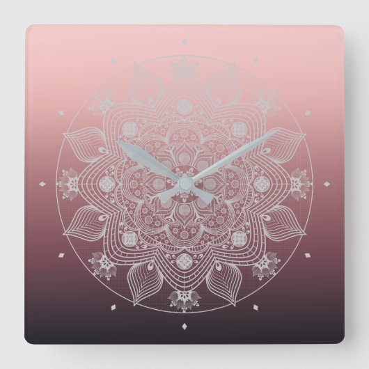 花、葉フローラ、ピンクの白レースの曼荼羅 スクエア壁時計 (正面)