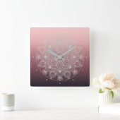 花、葉フローラ、ピンクの白レースの曼荼羅 スクエア壁時計 (ホーム)