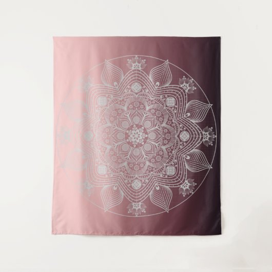 花、葉フローラ、ピンクの白レースの曼荼羅 タペストリー (正面)