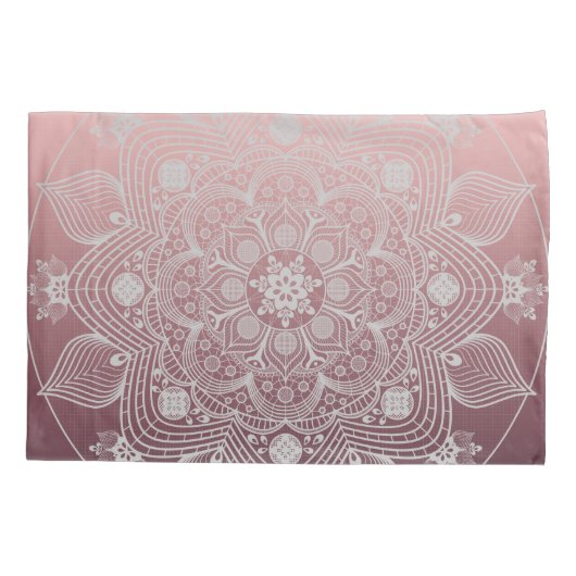 花、葉フローラ、ピンクの白レースの曼荼羅 枕カバー (裏面-左)