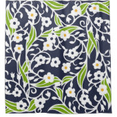 花，葉,つる植物，ネービーブルー，白，緑 シャワーカーテン (正面)